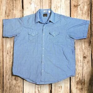 VTG Plains Western Shirt Mens Button Down Cowboy Blue Plaid Short Sleeve Sz 2XL